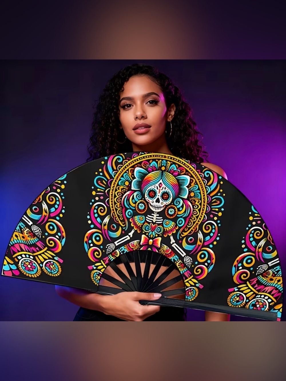 Black Hand Fan with Vibrant Sugar Skull Design